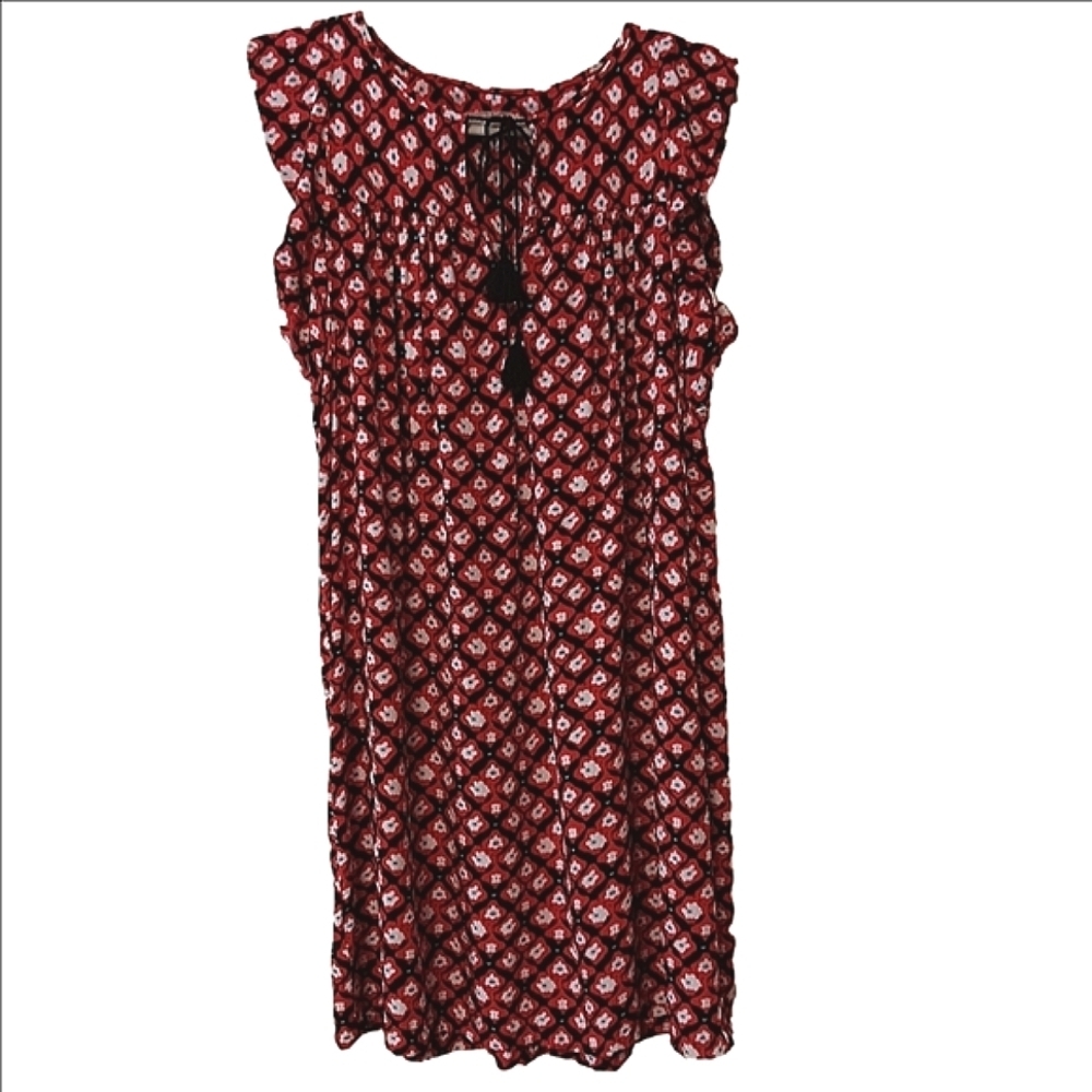 LOFT Amaryllis Shift Dress Red & Black Lattice Print Cap Flutter Sleeve Tassels